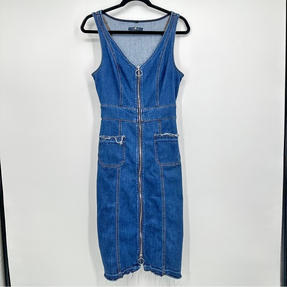 7 For All Mankind Denim Blue Jean Ring Zipper Front V Neck Midi Dress Size XS - Picture 1 of 7
